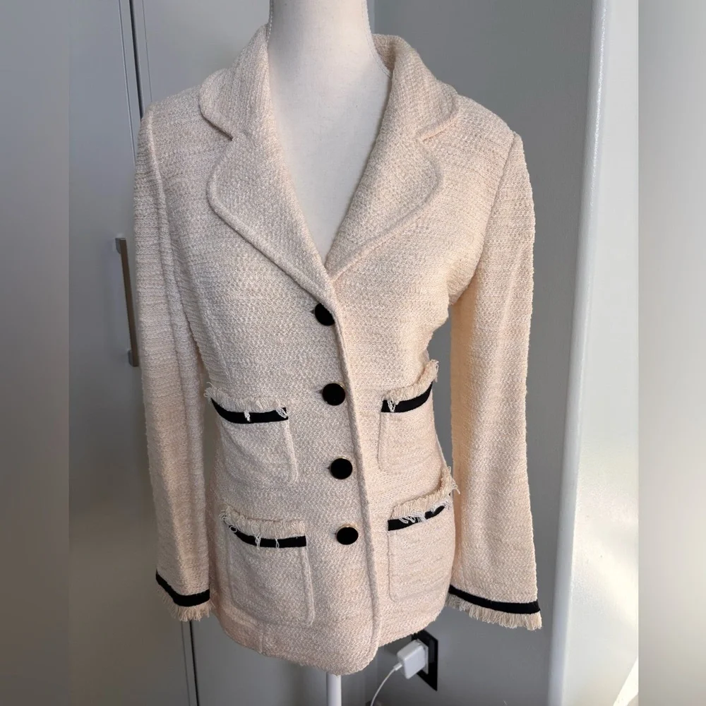 St. John Cream Textured Blazer with Black Accents - Picture 3 of 12